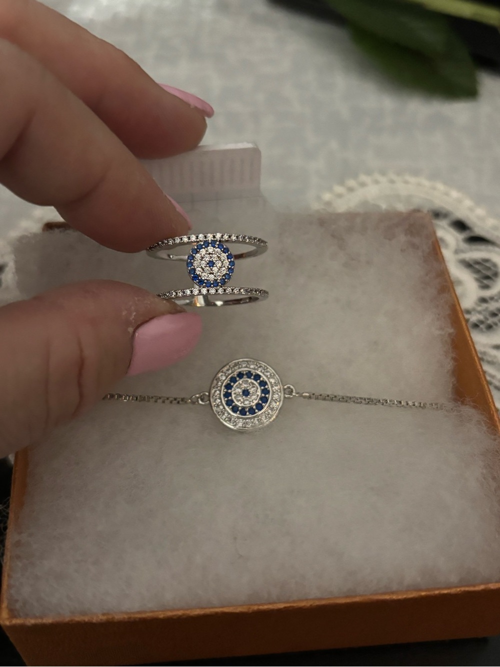 NEW Silver Blue Crystal Evil Eye Ring and Bracelet Set
